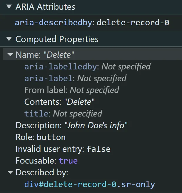 A list of the button elements computed properties listed in Chrome DevTools. The computed properties show how the aria-described by points to a description and the computed name shows the button label.