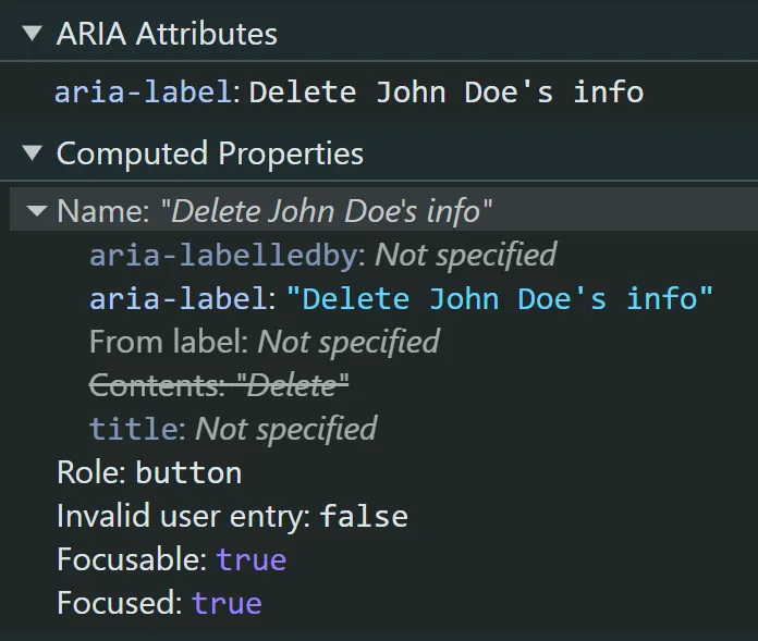 A list of the button elements computed properties listed in Chrome DevTools. The computed properties show how the aria-label has replaced the name of the button.