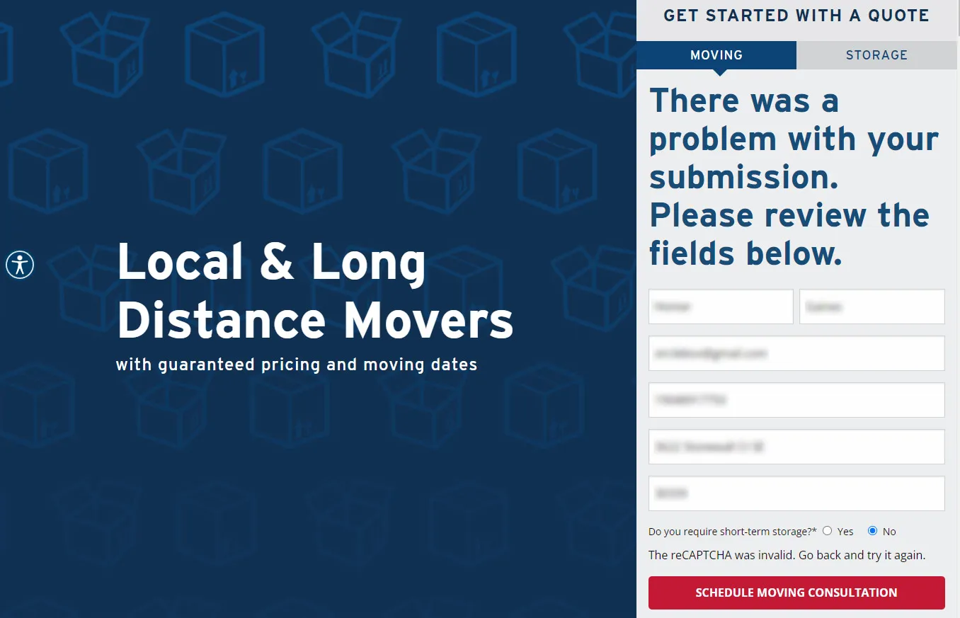 A section of a website with a form that has 6 inputs without lables and errors that are not apparent.