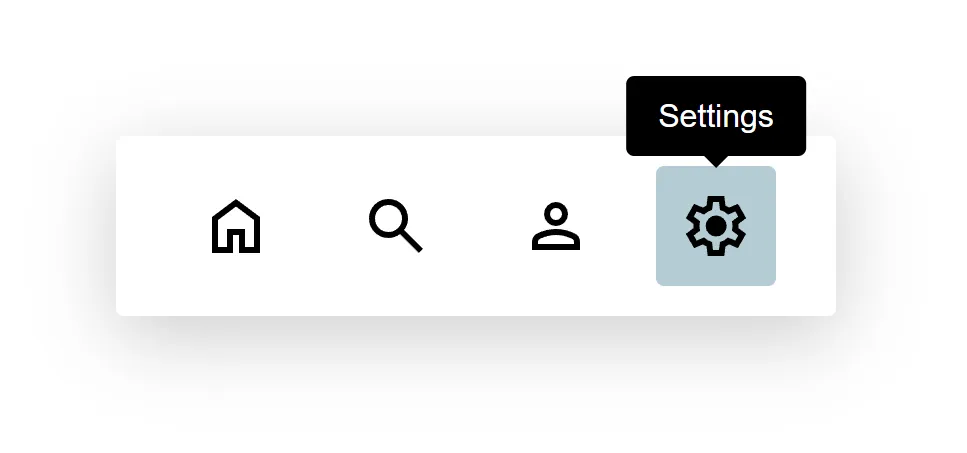 a action bar that shows four icon button. The icons represent Home, Search, Profile, and Settings. The Settings button shows a hover state with a tooltip that reads, "Settings".