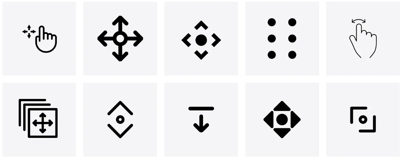 10 different versions of black and white icons the represent the ability to drag a ui element. 