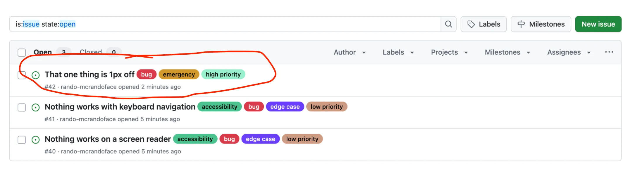 Three github bug tickets. The first is an issue with a UI element being 1 pixel off and it's labled as "high priority". The other two bugs are realted to issues with not being able to use the keyboard and screen reader. Both are labeld as "low priority". Image credit: Jared Cunha