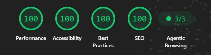 The Lighthouse score showing perfect scores for Performance,Accessibility, Best Practices, SEO, and Agentic Browsing