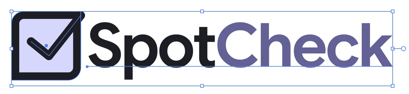 First pass at the SpotCheck logo shows the logomark filled in with a lavender and the text with unstyled edges