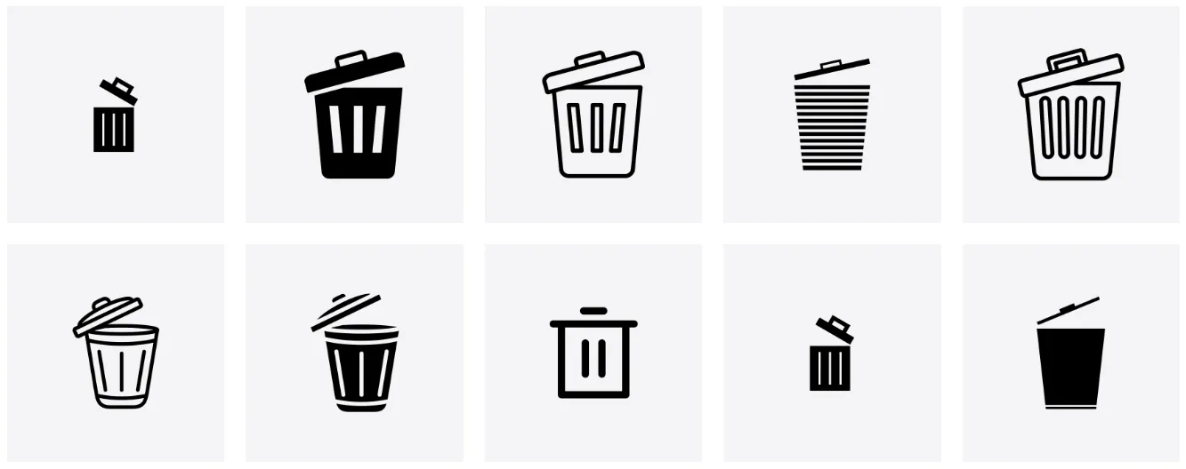 10 different black and white trashcan icons arranged in two rows